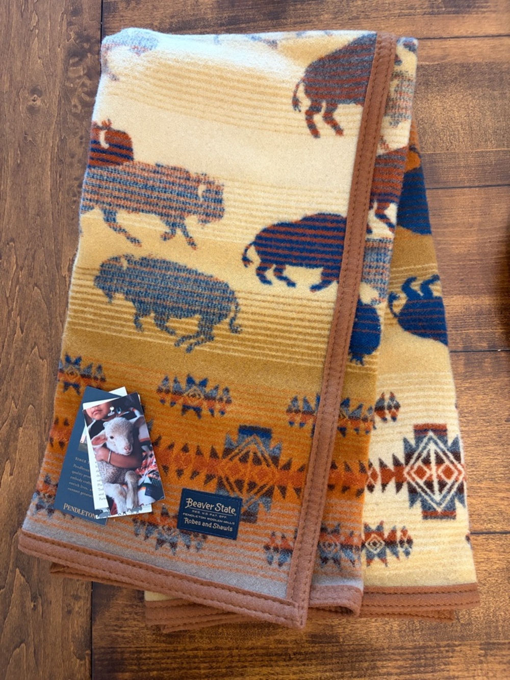 NWT Pendleton Beaver State Buffalo Pattern Wool Throw - Yellow, Blue, Brown